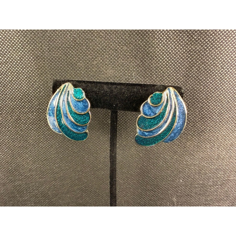 Vintage Blue & Teal Enamel Clip‑On Earrings – Gold Wave Shell Statement Design